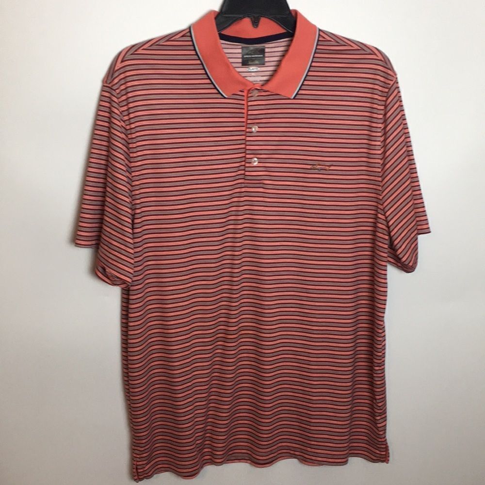 Greg Norman for Tasso Elba Polo Golf Shirt Men's XL Play Dry Salmon Striped